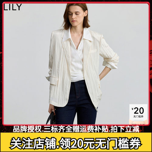 【商场同款】LILY2025秋新款女装褶皱肌理感驳领宽松休闲西装外套