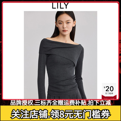 LILY2025春不规则一字肩高级感小众设计感褶皱修身灰色针织上衣女