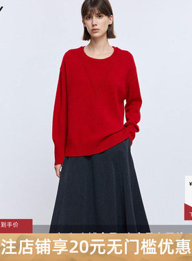 LILY2025冬新款羊毛混纺复古假两件休闲落肩套头红色针织衫毛衣女