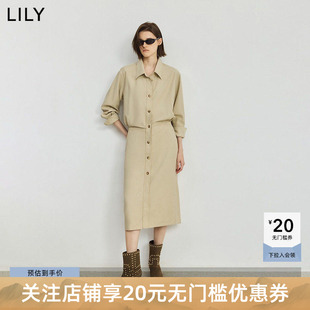 LILY2025秋新款含亚麻工装收腰休闲通勤直筒衬衫裙卡其色连衣裙女