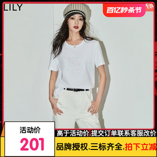 精致绣花百搭基础款 LILY2024夏新款 女装 舒适柔软休闲通勤款 白T恤