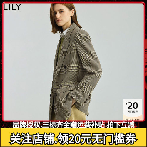 【商场同款】LILY2025秋新款女装含羊毛格纹驳领宽松通勤西装外套