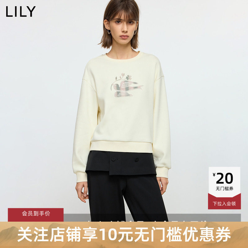 LILY2025秋冬新款撞色加厚上衣宽松百搭白色套头无帽圆领卫衣女