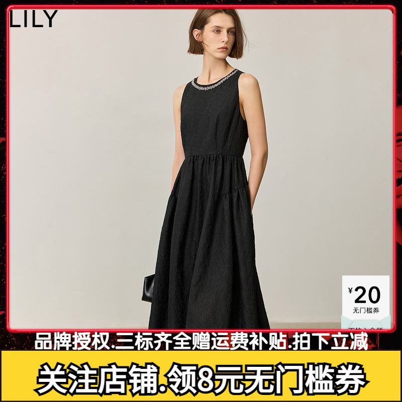小黑裙LILY2025秋新款法式通勤休闲钉珠圆领无袖收腰连衣裙女长裙