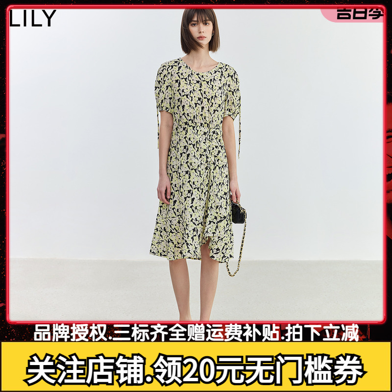 【商场同款】LILY2024夏新款女装浪漫时尚印花气质V领中长连衣裙