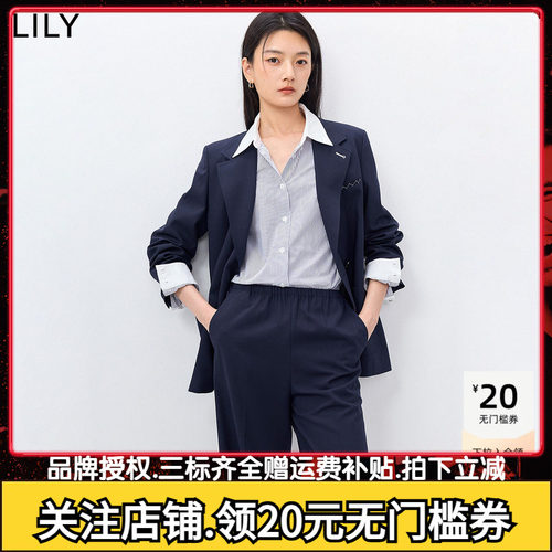 LILY2026春新款女装复古经典驳领休闲气质职业通勤藏青色西装外套