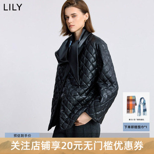 LILY2025冬新款女装含围巾复古PU皮菱格90鸭绒轻薄羽绒服外套短款