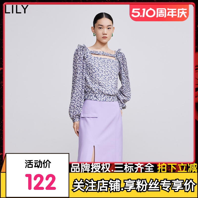 【商场同款】LILY2022春新款女装法式方领荷花边泡泡袖短款雪纺衫