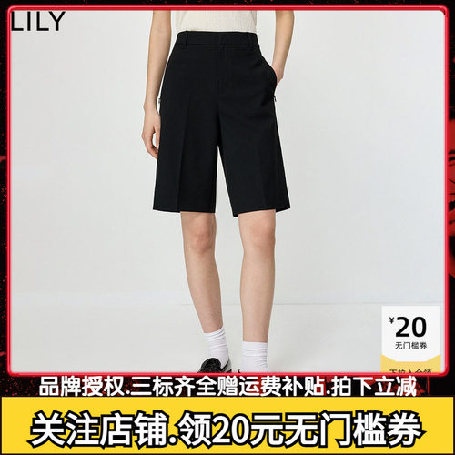 LILY2026夏新款复古老钱风宽松显瘦休闲通勤百搭黑色直筒裤短裤女