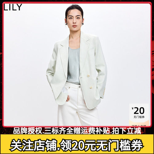 LILY2026春新款女装含亚麻欧若风双排扣气质通勤浅绿色西装外套