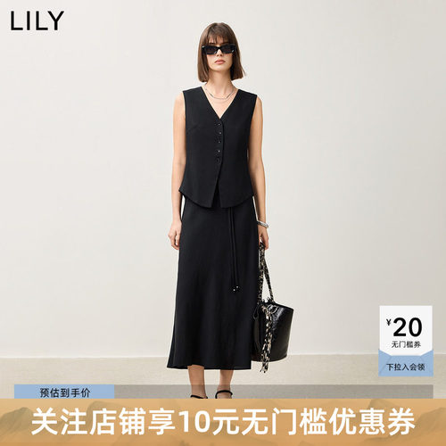 【LILY时光小黑裙】商场同款2025春新款女装醋酸绵羊毛马甲连衣裙