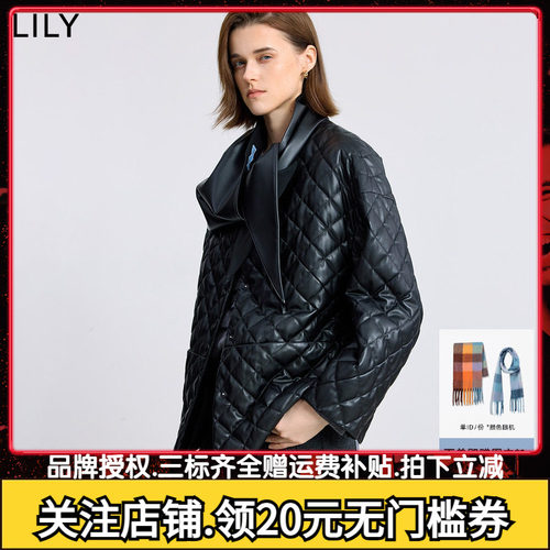 LILY2025冬新款女装含围巾复古PU皮菱格90鸭绒轻薄羽绒服外套短款