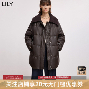 LILY2025冬新款女装复古针织翻领PU皮90鸭绒通勤羽绒服外套中长款