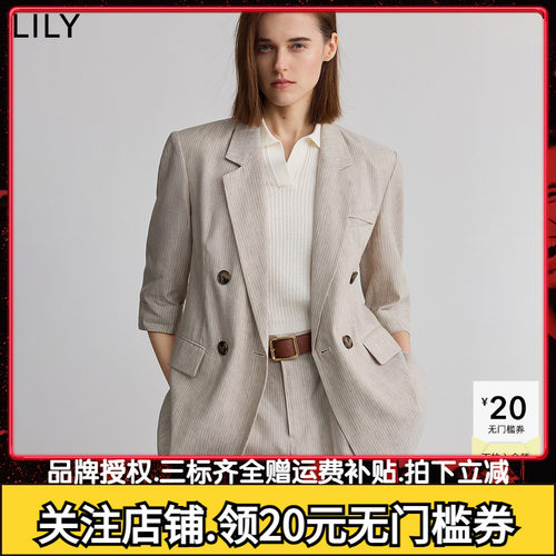 【商场同款】LILY2025夏新款女装老钱风亚麻混纺条纹驳领西装外套