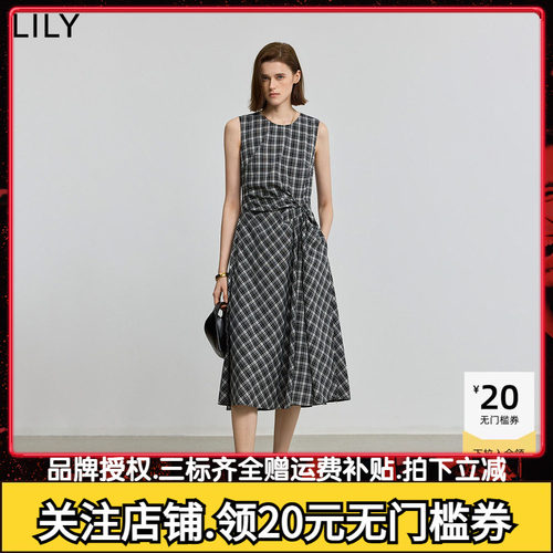 LILY2026夏新款复古设计感黑白格纹无袖圆领褶皱收腰背心连衣裙女