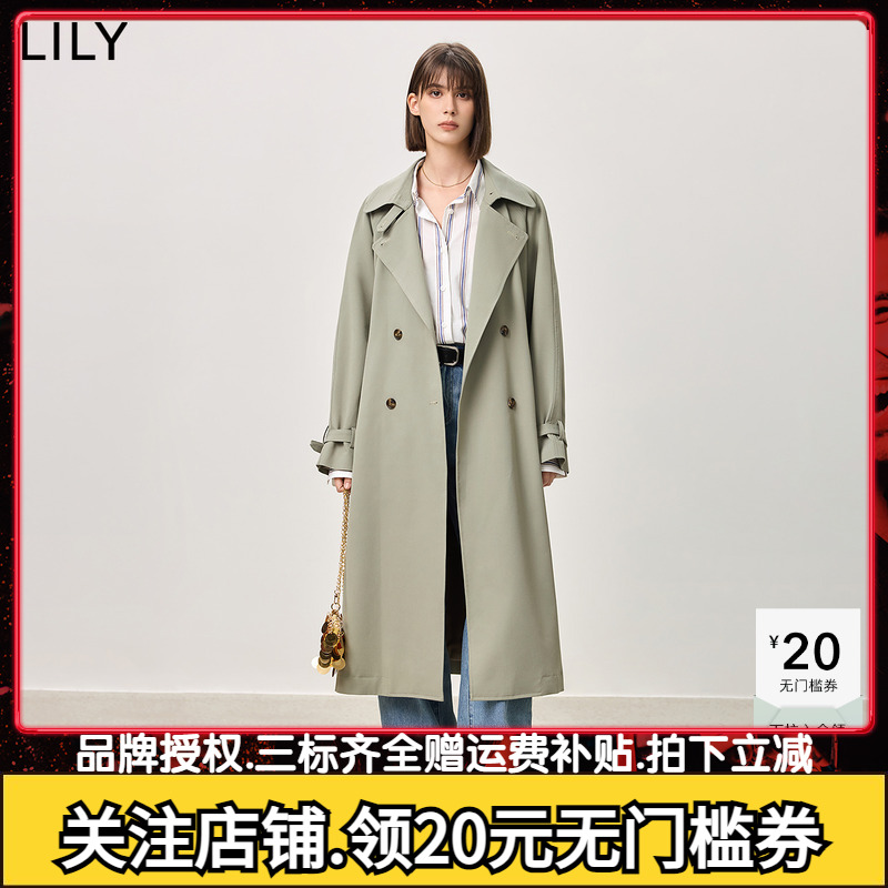 【商场同款】LILY2025春新款女装经典双排扣腰带通勤风衣外套长款