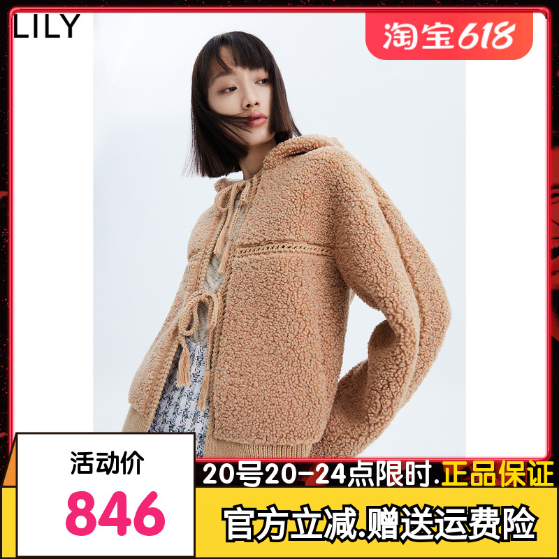 【商场同款】LILY2023春新款女装别致拼接休闲软糯连帽毛绒外套女