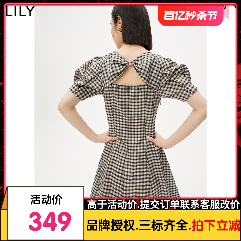 LILY2023夏新款女装时尚格纹复古泡泡袖通勤简洁圆领高腰款连衣裙