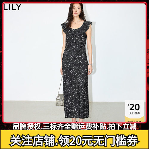 LILY2026夏新款女装复古浪漫碎花荷叶边领气质通勤黑色无袖连衣裙