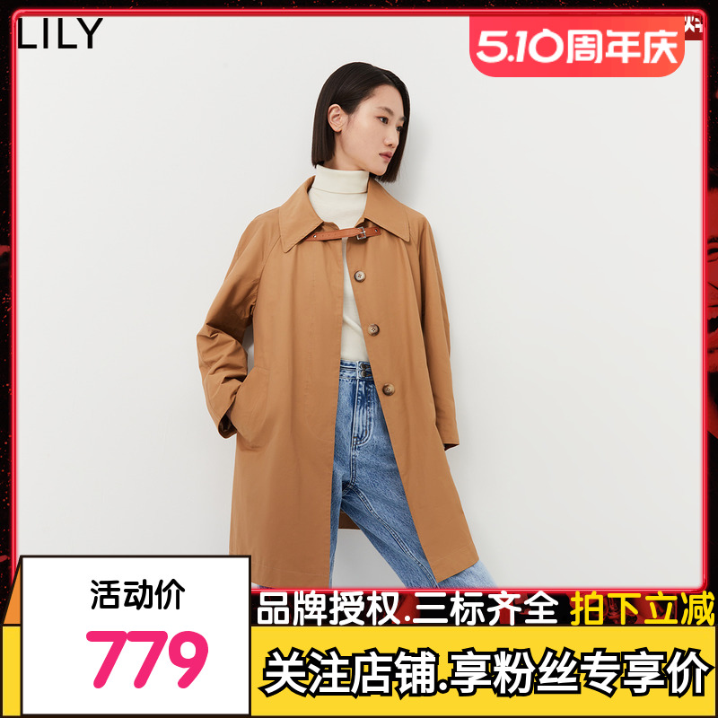 【专柜甄选】LILY2024春新款女装通勤款单排扣驼色中长款风衣外套