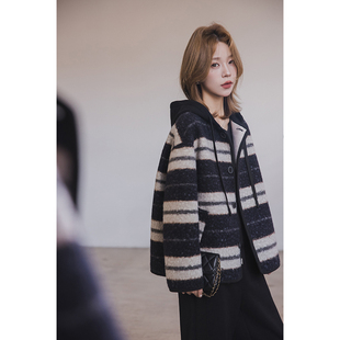 小谷粒维也纳外套 撞色条纹圈圈呢上衣女秋冬新款连帽宽松百搭
