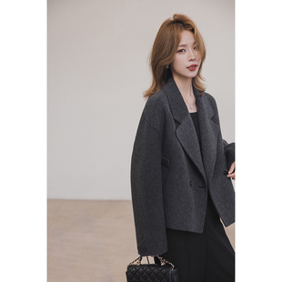 小谷粒里昂大衣 100羊毛重工短款双面毛呢外套女秋冬新款宽松上衣