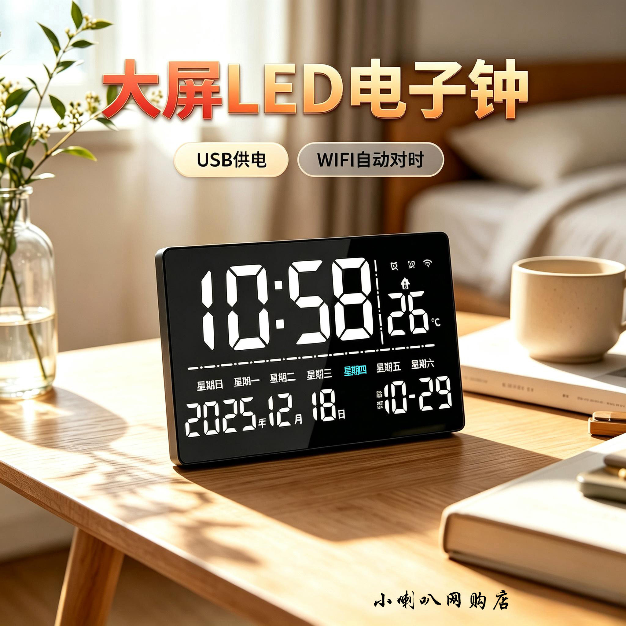大屏多功能LED电子钟WIFI自动对时电子钟表静音台钟日历温度农历