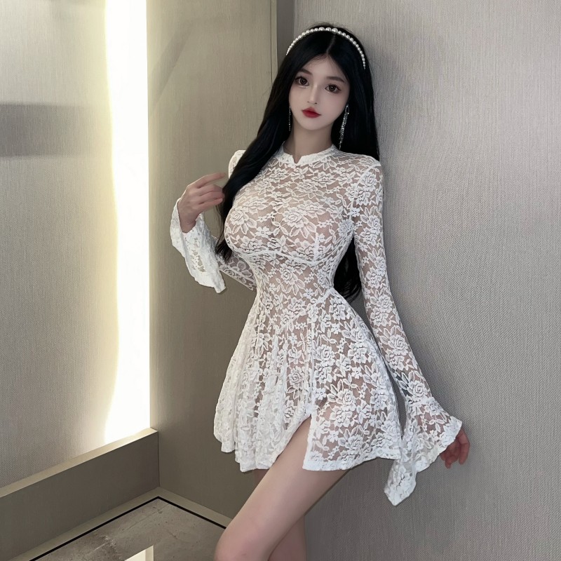 实拍~纯欲白色蕾丝喇叭袖长袖透视单层公主性感短裙露背连衣裙女