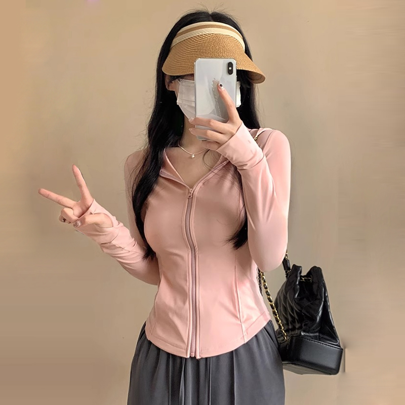 韩版粉色冰丝防晒衣女款夏季修身瑜伽服外套紧身上衣新款套装开衫