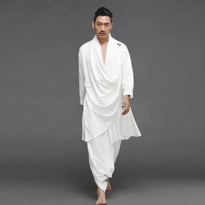 중국 스타일의 면화와 린넨 HANFU 남자의 고대 스타일 느슨한 평신도 명상 명상 차 정장 복고풍 민족 망토 남성 의류