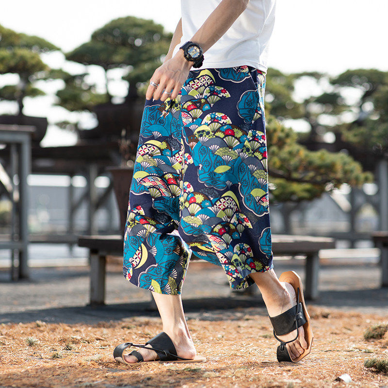 泰国灯笼裤子男夏季民族风印花阔腿七分裤男宽松大码胖子沙滩短裤