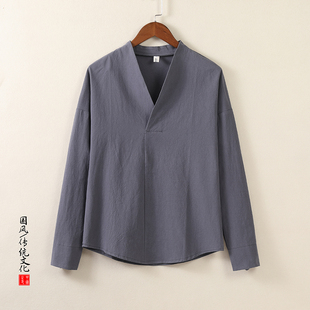 中国风男装春秋复古风纯棉长袖T恤男士上衣V领中式汉服打底衫白色