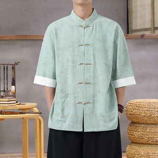 中式立领盘扣唐装衬衫中国风棉麻半袖禅服男宽松大码短袖茶服上衣