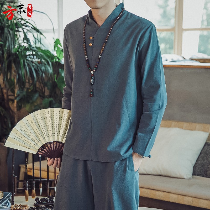复古盘扣汉服男中国风秋季棉麻长袖T恤套装宽松大码居士服两件套