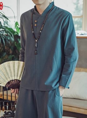 复古盘扣汉服男中国风秋季棉麻长袖T恤套装宽松大码居士服两件套
