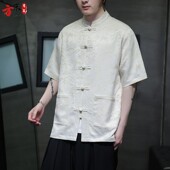 大码 提花衬衣男装 五分袖 衬衫 夏季 新中式 盘扣短袖 男中国风冰丝唐装