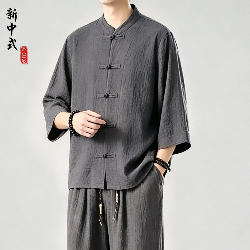 新中式唐装男款2026新款中国风亚麻短袖衬衫男夏薄七分袖棉麻衬衣图片