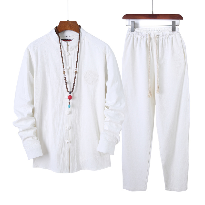 中国风男装秋季亚麻套装男中式唐装汉服两件套复古盘扣棉麻茶禅服