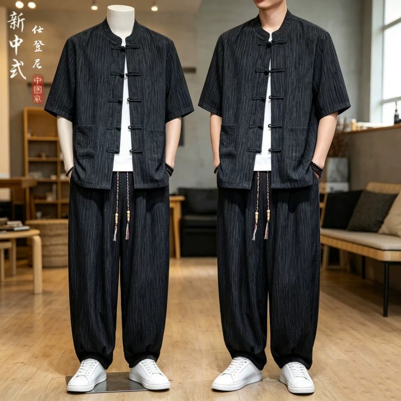 冰丝短袖衬衫男2026新款休闲衬衣男款夏薄款运动套装男士衣服唐装图片