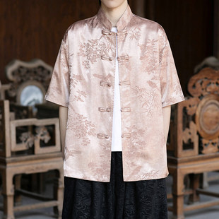 粉色情侣款唐装男女冰丝短袖衬衫夏季薄款中国风提花禅意茶服衬衣