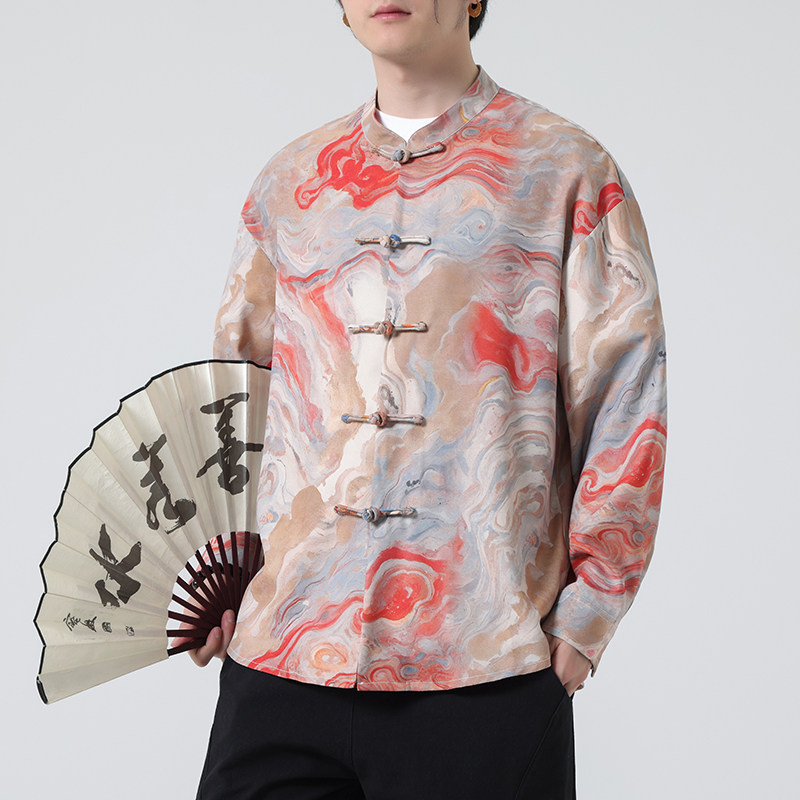 新中式中国风春秋印花表演盘扣红色唐装长袖衬衫汉服大码古装上衣