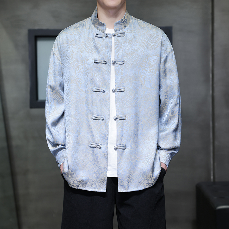 新中式中国风男装长袖提花衬衫复古盘扣唐装春季2025新款休闲衬衣