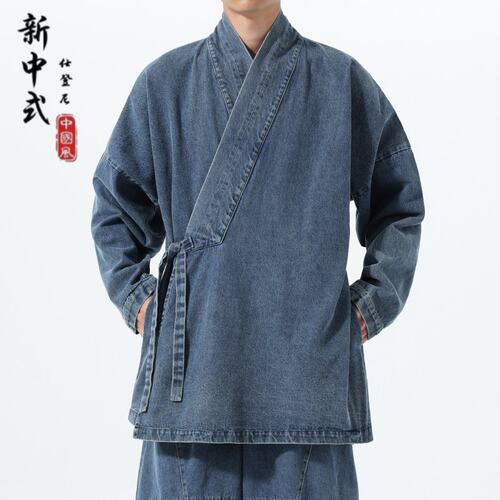 大码重工洗水牛仔中式道袍男装中国风复古斜襟宽松长袖风衣外套男