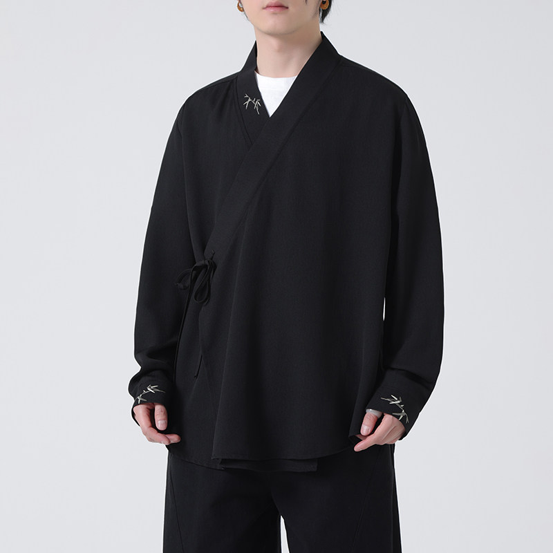 汉服中衣男宽松斜襟绑带长袖衬衫春季中国风刺绣设计感防晒服披风