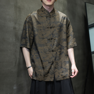 新中式盘扣唐装汉服男夏季薄款冰丝印花立领短袖衬衫复古大码衬衣