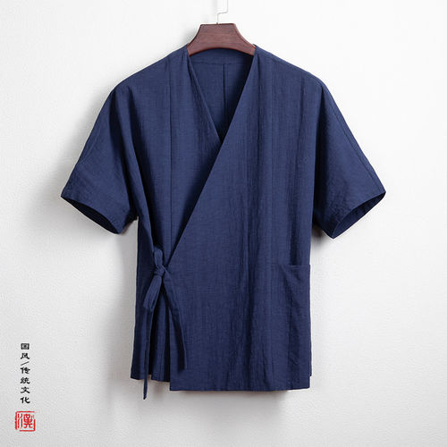 新中式男装夏季棉麻提花斜襟汉服改良唐装开衫道袍亚麻短袖t恤薄