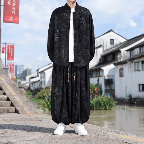 中国风男装盘扣龙纹提花灯芯绒衬衫秋季新中式套装复古唐装两件套