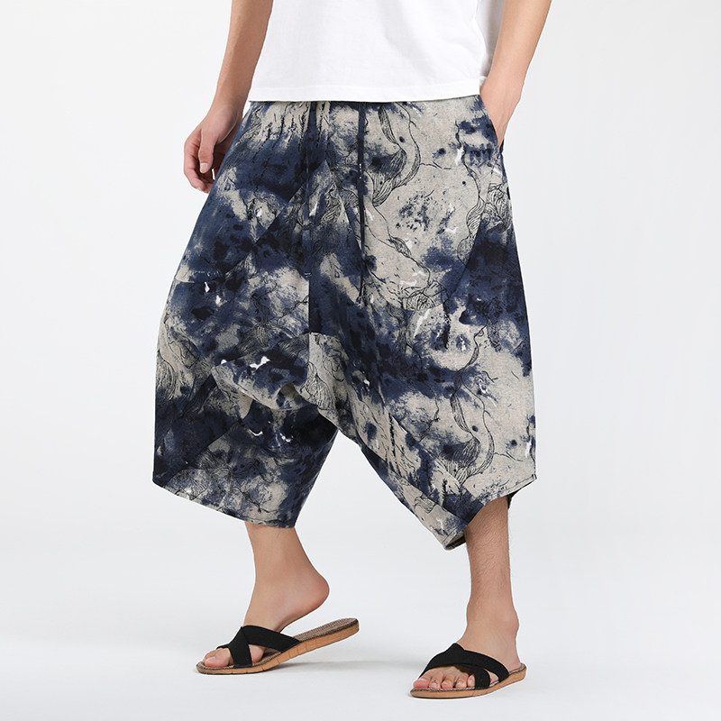 七分裤男夏日轻薄裤子民族风印花阔腿大裆裤宽松大码休闲沙滩短裤