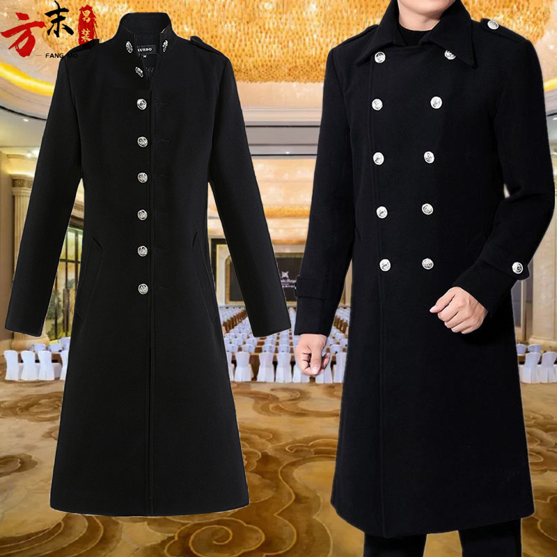 酒店物业工作服男士双排扣翻领长款风衣韩版宽松过膝毛呢子大衣男