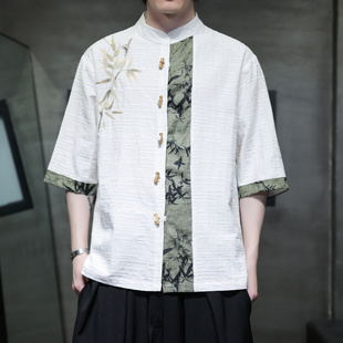 改良汉服男中国风夏季薄款棉麻短袖衬衫新中式唐装大码刺绣衬衣潮